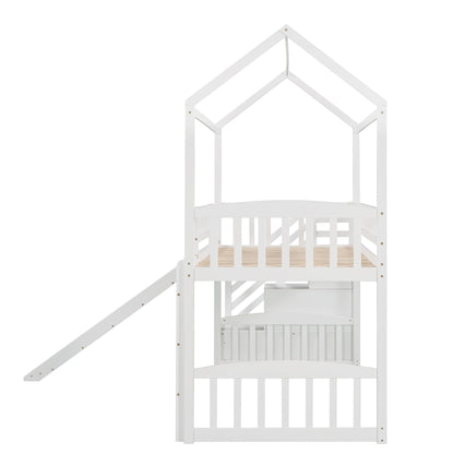 Twin Loft House Bed With 2 Drawers And Slide - White