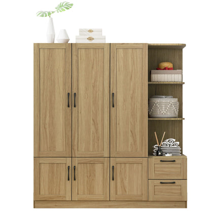 3 Door Storage Wardrobe For Dedroom With Shelves And 2 Drawers, Side Storage Shelves - Nature