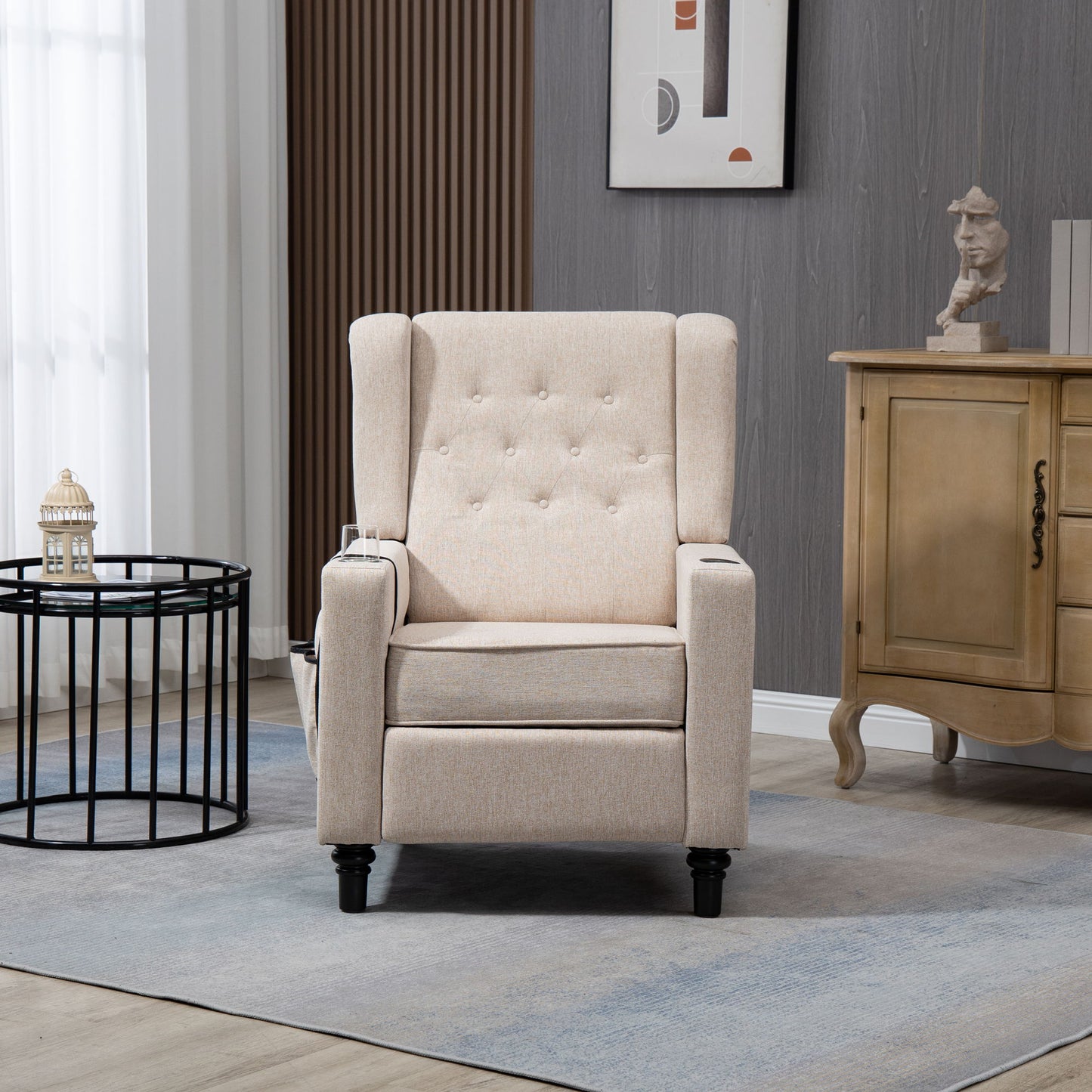 Arm Pushing Recliner Chair, Modern Button Tufted Wingback Push Back Recliner Chair, Living Room Chair Fabric Pushback Manual Single Reclining Sofa Home Theater Seating For Bedroom - Khaki / Yellow