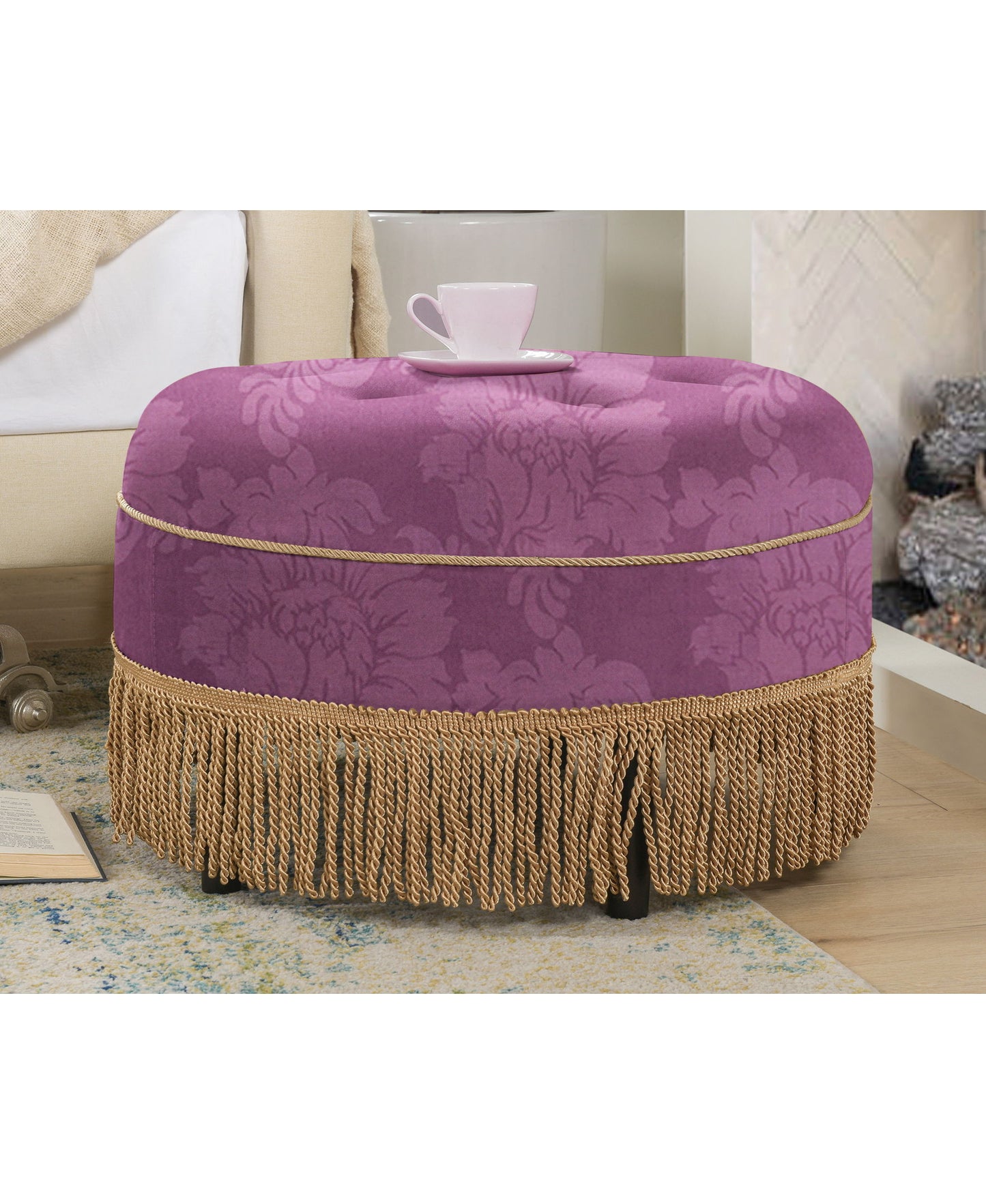 Yolanda - Round Upholstered Accent Ottoman - Purple Floral / Gold