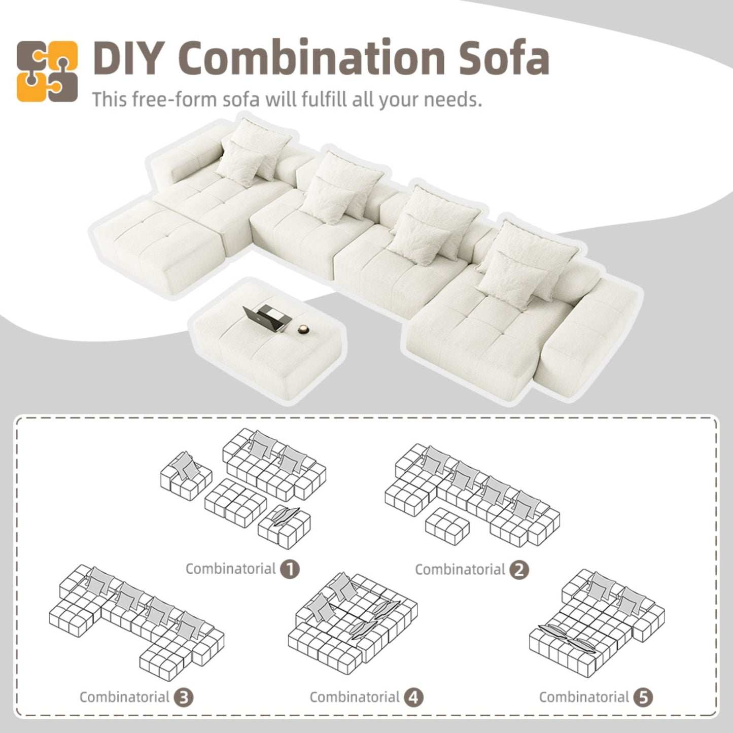 Modern Oversized Modular Sectional Sofa, Sparkling Chenille Fabric Soft Cushion Sofa With 8 Pillows, 8 Pieces Diy Combination Tufted Sofa, No Assembly Required - Beige