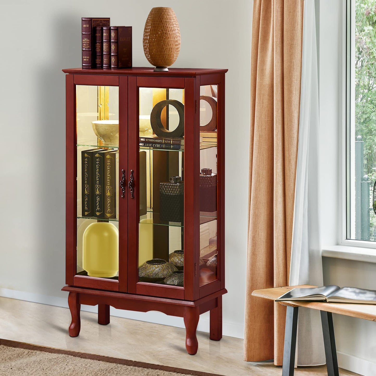 Curio Cabinet Lighted Curio Diapaly Cabinet With Adjustable Shelves And Mirrored Back Panel, Tempered Glass Doors 3 Tier, (E26 Light Bulb Not Included) - Cherry