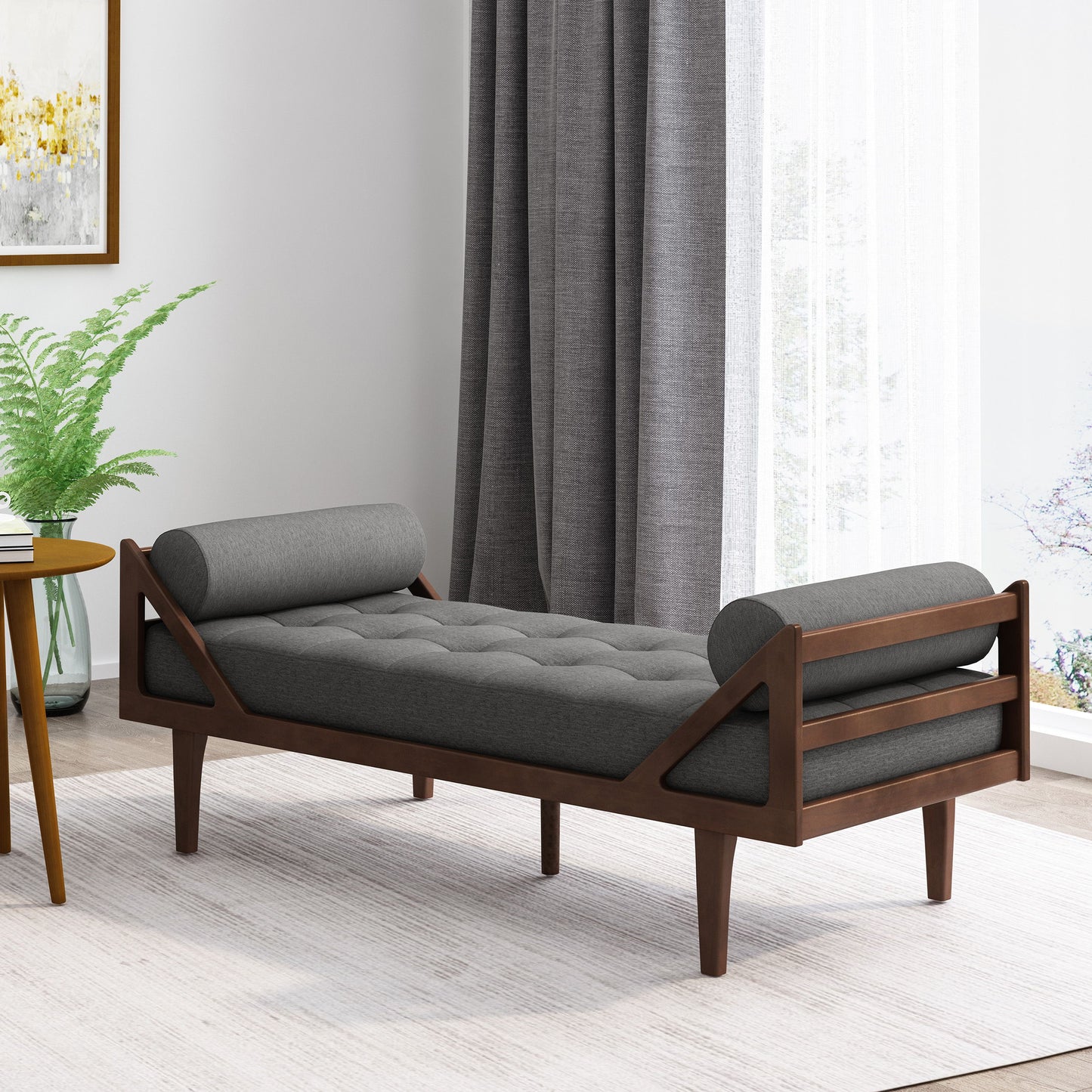 Contemporary Fabric Chaise Lounge With Button Tufted Waffle Stitching And Rolled Accent Pillows - Charcoal