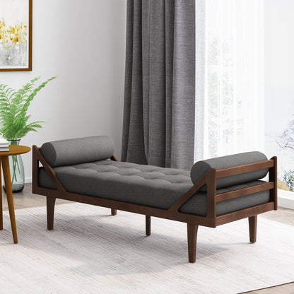 Contemporary Fabric Chaise Lounge With Button Tufted Waffle Stitching And Rolled Accent Pillows - Charcoal