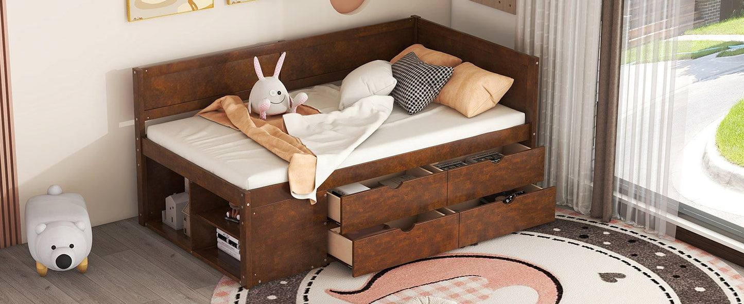 Twin Size Daybed With Drawers And Shelves - Walnut