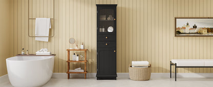 Tall Bathroom Storage Cabinet With Glass Doors, Free-Standing, Two Drawers, And Adjustable Shelves, MDF Board, Painted Perfect For Displaying Your Favorite Items - Black