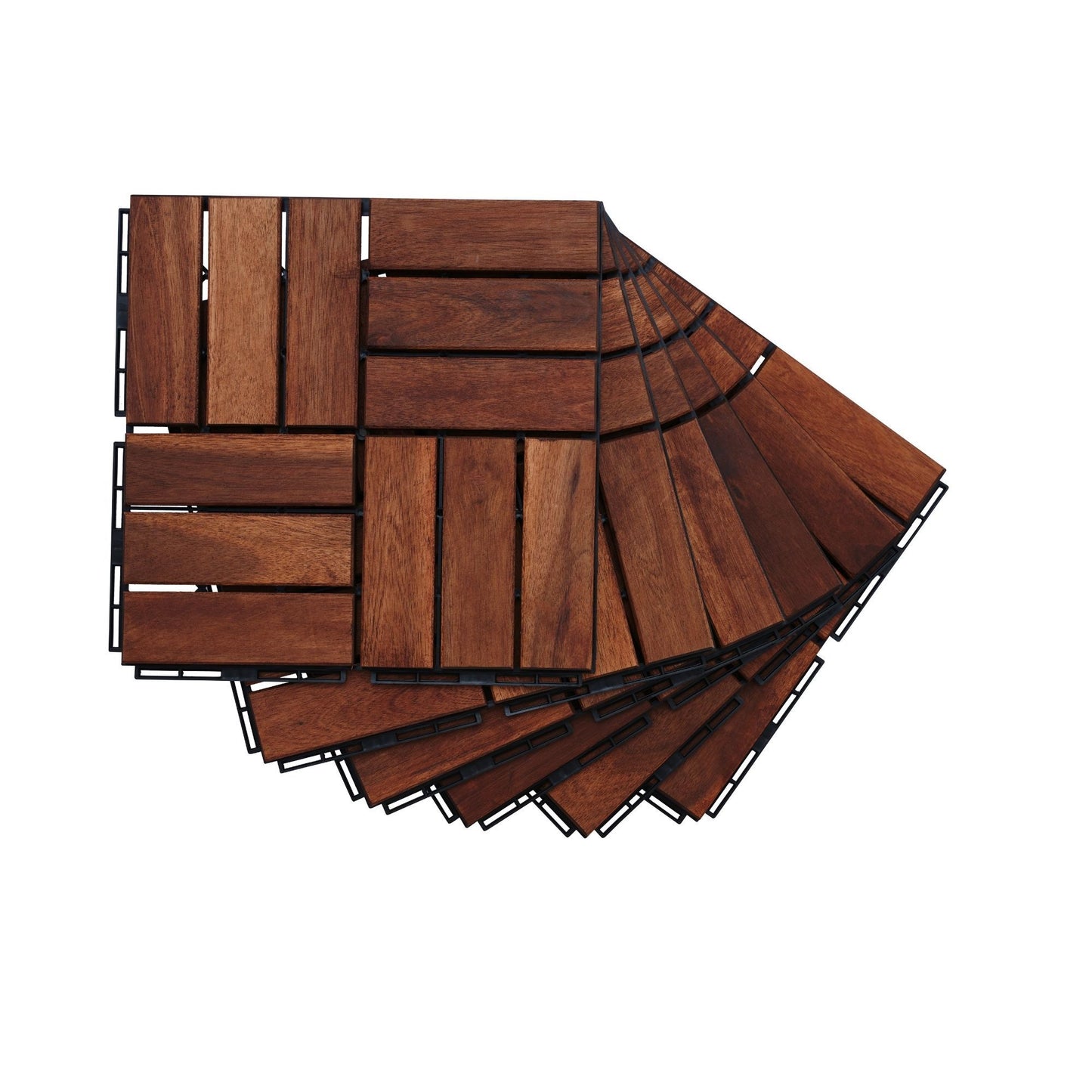 Acacia Wood Interlocking Deck Tiles Checker Pattern, 10 Piece Square Acacia Hardwood Outdoor Flooring For Patio, Bancony, Pool Side - Brown