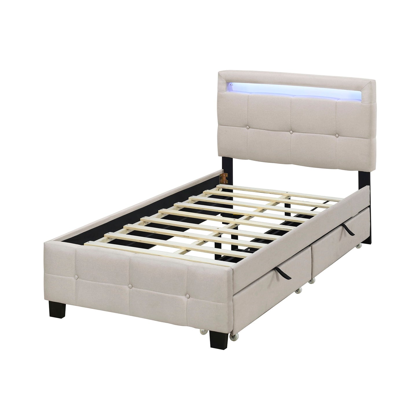 Twin Size Upholstered Platform Bed With LED Frame And 2 Drawers - Beige
