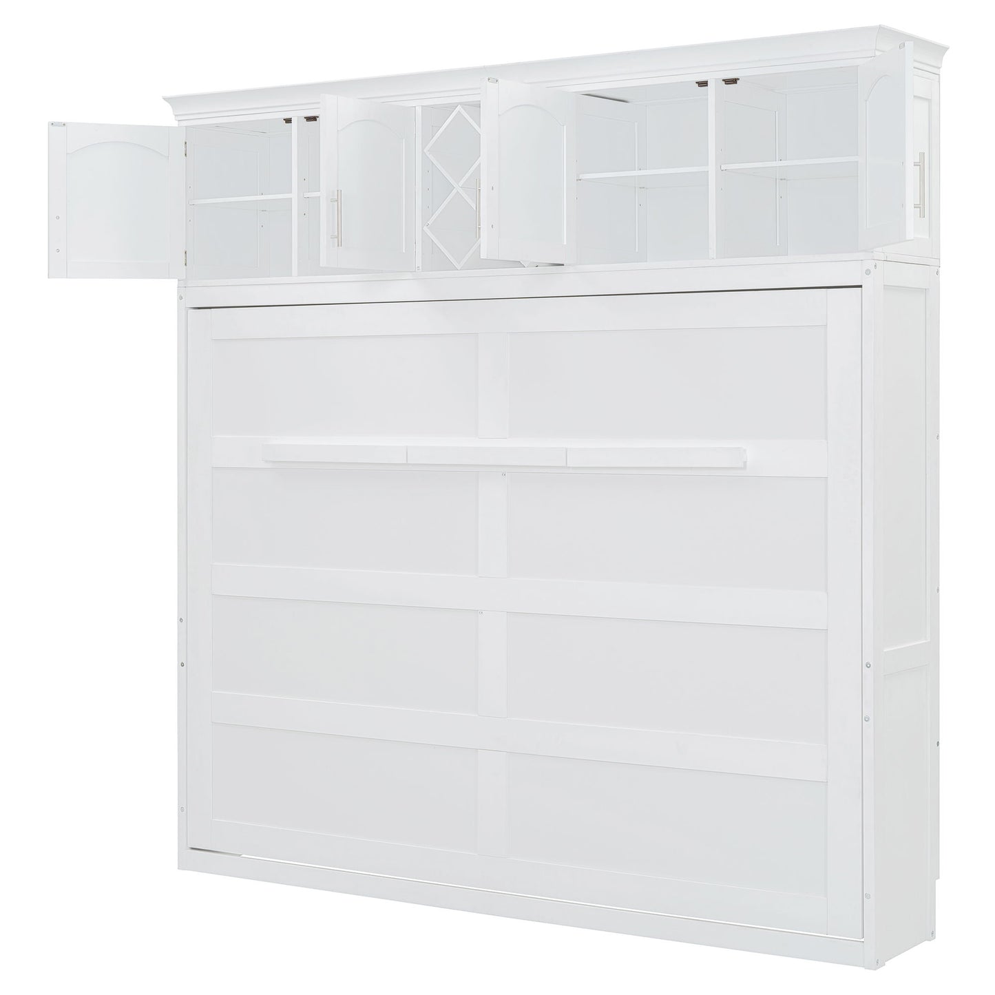 Queen Size Murphy Wall Bed With Top Cabinets & Wine Rack - White