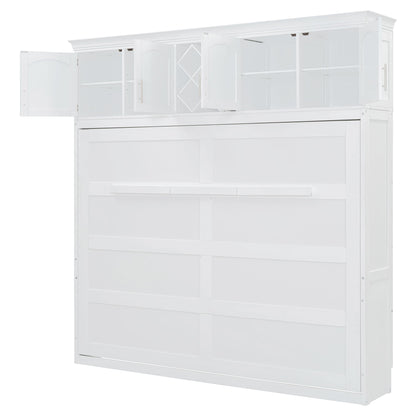 Queen Size Murphy Wall Bed With Top Cabinets & Wine Rack - White