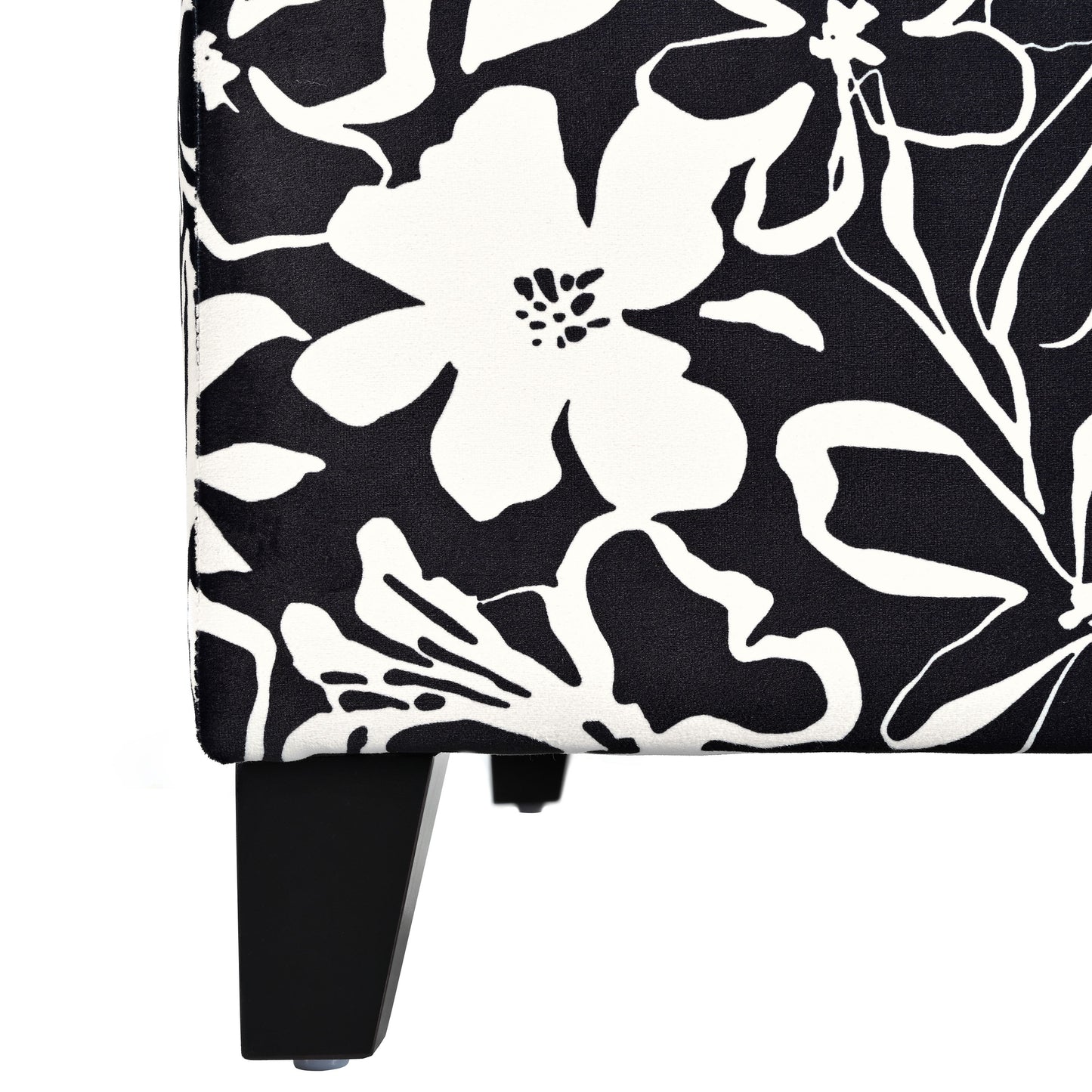 Luxury Storage Ottoman With Floral Patterned Fabric, Soft Close Hinges, Multi Functional Footrest & Seat - Black Floral / White