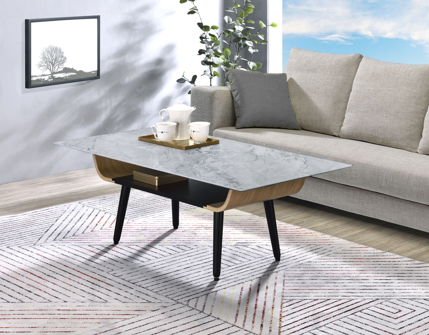 Landon - Coffee Table With Glass Marble Texture Top And Bent Wood Design - Gray