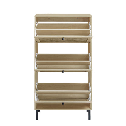 Modern Freestanding Rattan 3 Door Shoe Rack Storage Cabinet For Entryway - Natural Particle Board