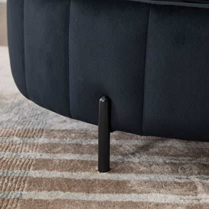 Upholstered Round Ottoman With Reversible Lid, Velvet Storage Stool, Channel Tufted Pumpkin Shape Footstool For Living Room, Bedroom And Office - Black