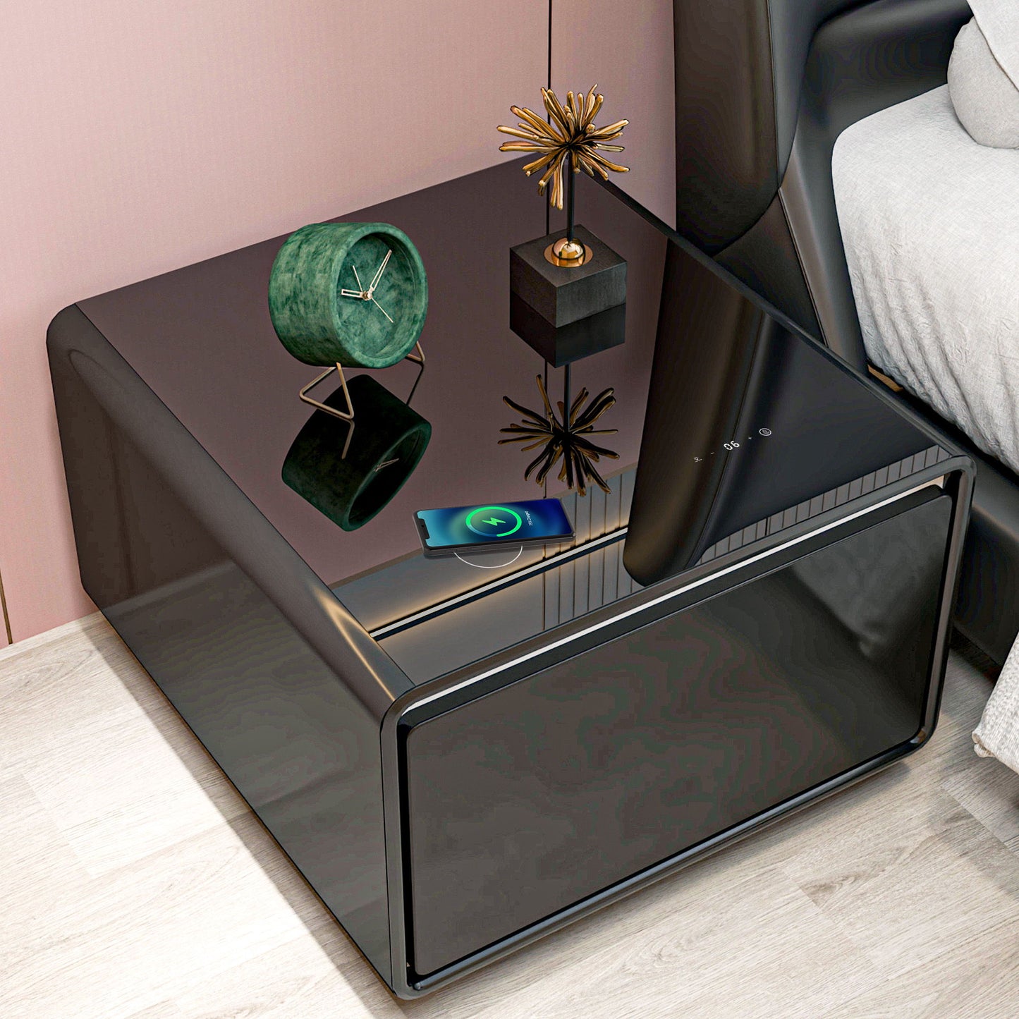 Modern Smart Side Table With Built-In Fridge, Wireless Charging, Temperature Control, Power Socket, USB Ports, Outlet Protection, Induction Light - Black