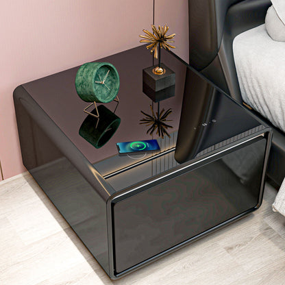 Modern Smart Side Table With Built-In Fridge, Wireless Charging, Temperature Control, Power Socket, USB Ports, Outlet Protection, Induction Light - Black