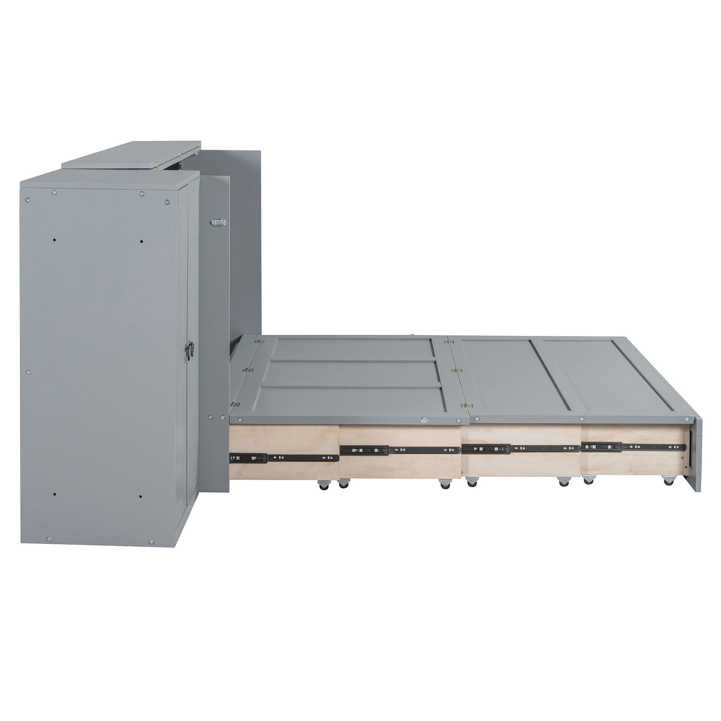 Queen Size Murphy Bed With USB Port, Large Drawer, And Wardrobe / Desk Combo Versatile Cabinet Bed - Gray