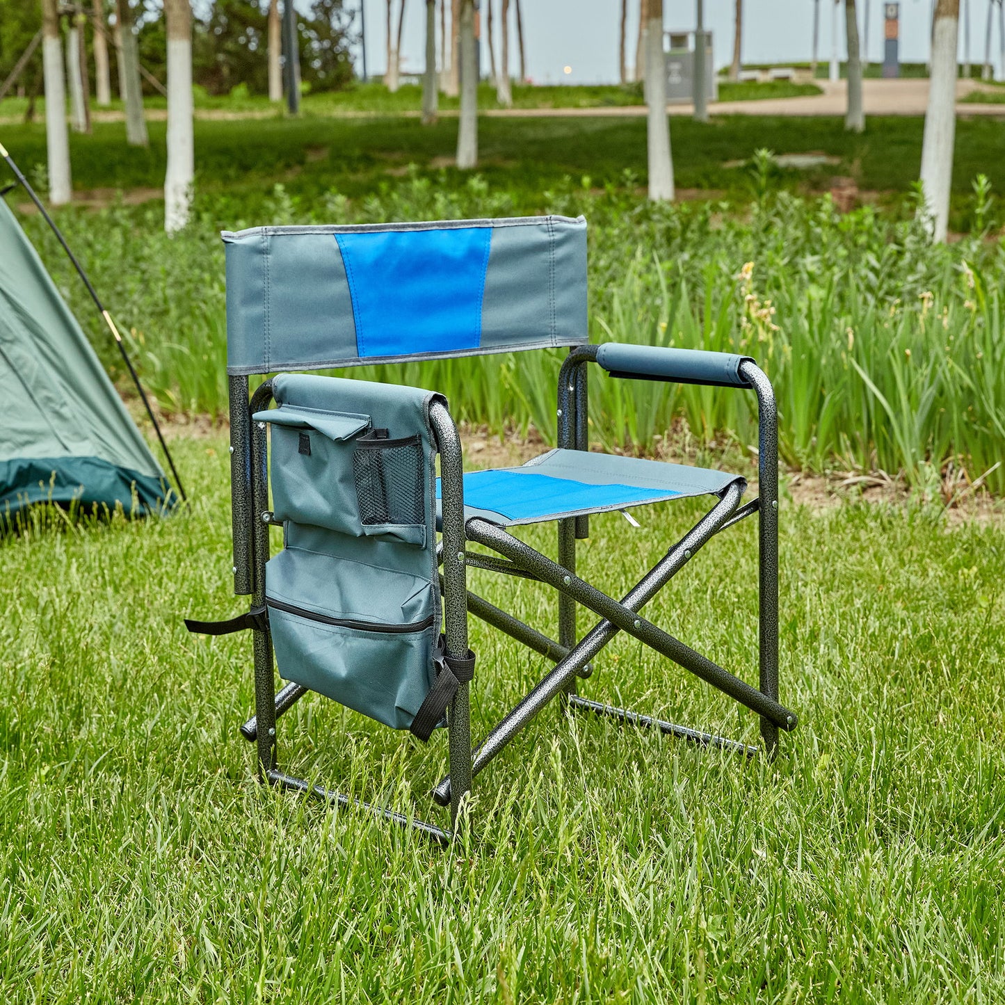 Padded Folding Outdoor Chair With Storage Pockets, Lightweight Oversized Directors Chair For Indoor, Outdoor Camping, Picnics And Fishing - Blue / Gray