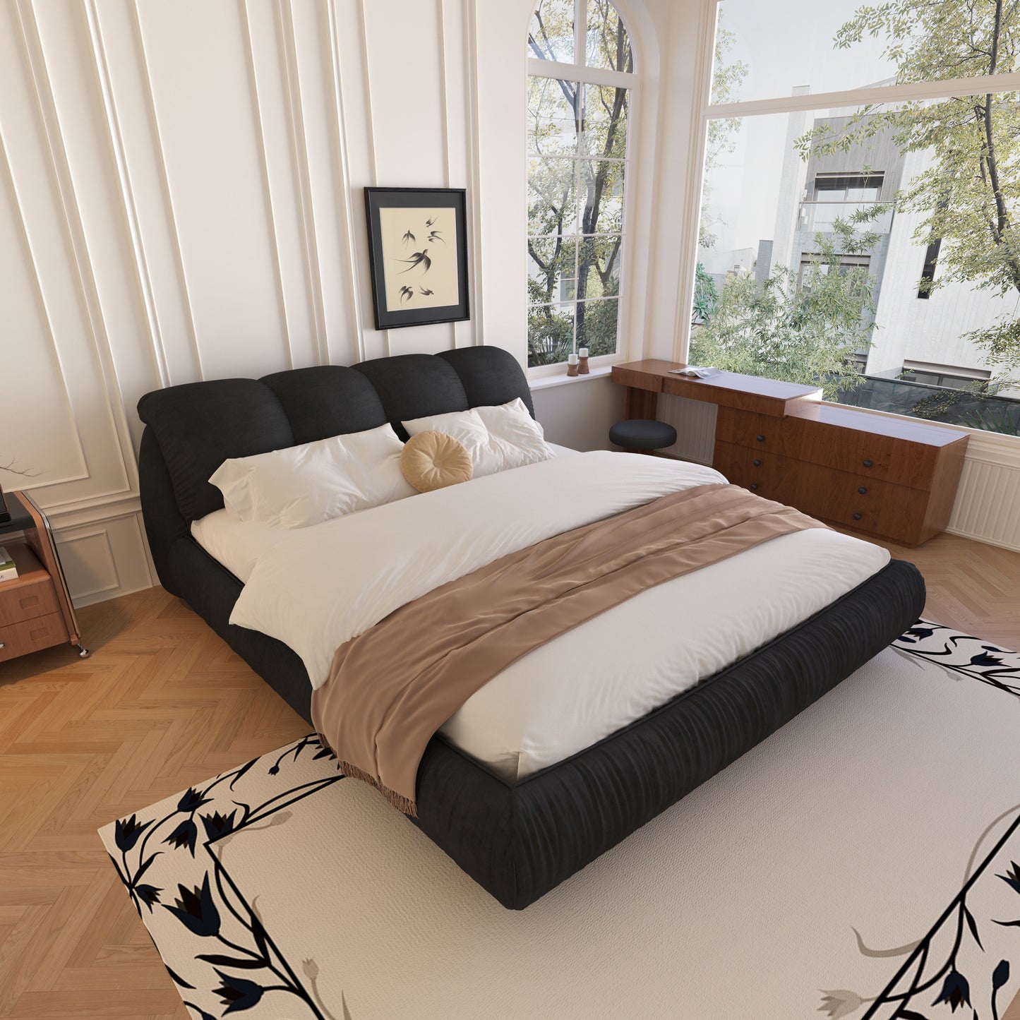 Queen Size Luxury Upholstered Platform Bed With Oversized Padded Backrest And Solid Wood Frame, Suitable For Multiple Heights Of Mattresses - Black