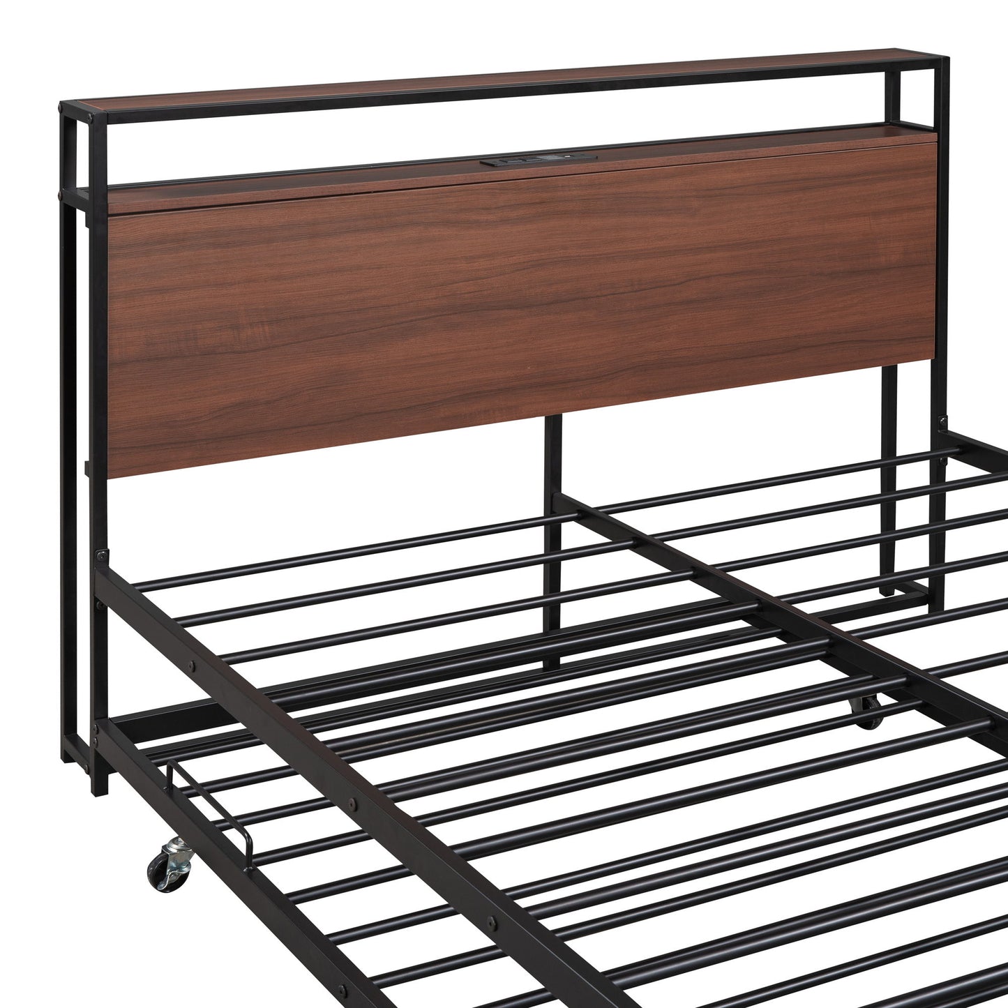 Full Size Platform Bed Frame With Trundle, USB Ports And Slat Support,No Box Spring Needed - Black