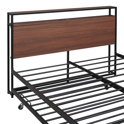 Full Size Platform Bed Frame With Trundle, USB Ports And Slat Support,No Box Spring Needed - Black