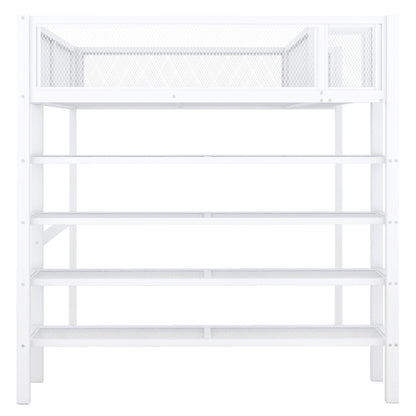 Full Size Loft Bed With 4 Tier Shelves And Storage - White
