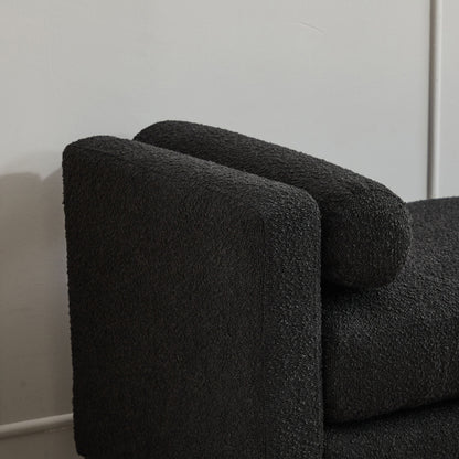 Elegant Upholstered Bench Daybed Ottoman With Nature Wood Legs & Bolster Pillows - Black Boucle