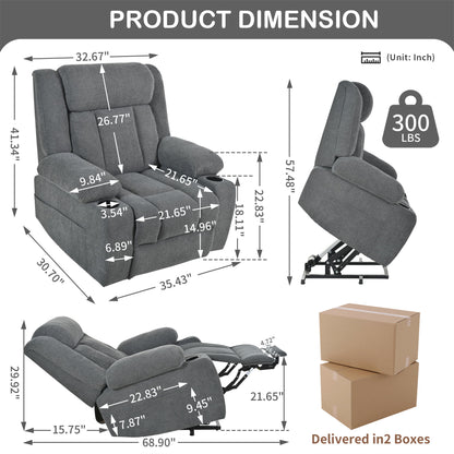 Power Lift Recliner Chair - Fabric Single Sofa With Extended Footrest, Remote Control, Cup Holders, And Side Pockets For Living Room Or Home Theater - Dark Gray