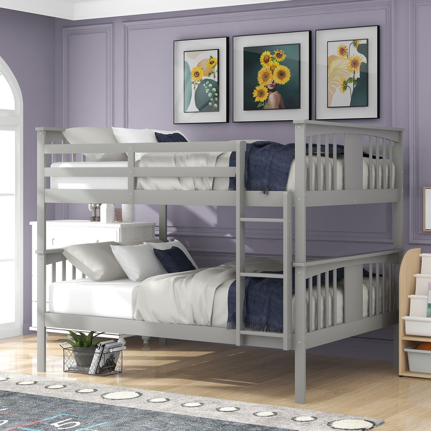 Full Over Full Bunk Bed With Ladder For Bedroom - Gray