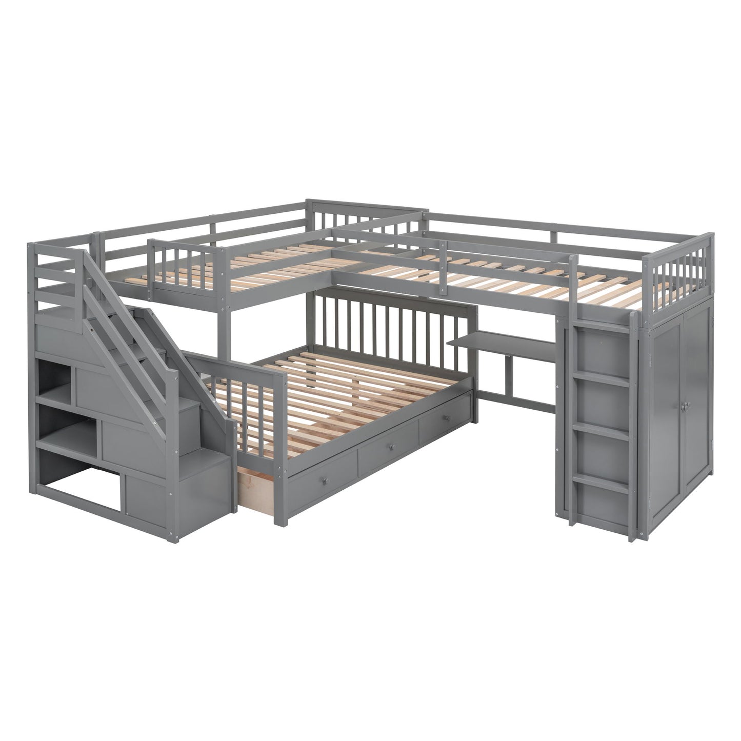 Twin Twin Over Full L Shaped Bunk Bed With 3 Drawers, Portable Desk And Wardrobe - Gray