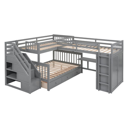 Twin Twin Over Full L Shaped Bunk Bed With 3 Drawers, Portable Desk And Wardrobe - Gray