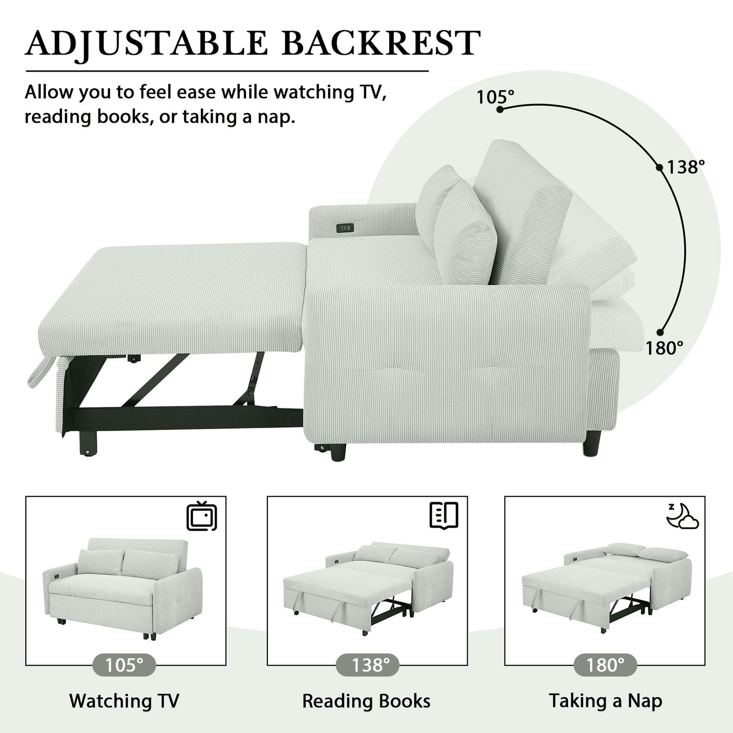 Pull Out Sofa Bed Convertible Couch 2 Seat Loveseat Sofa Modern Sleeper Sofa With 2 Throw Pillows And USB Ports For Living Room - Light Gray Green