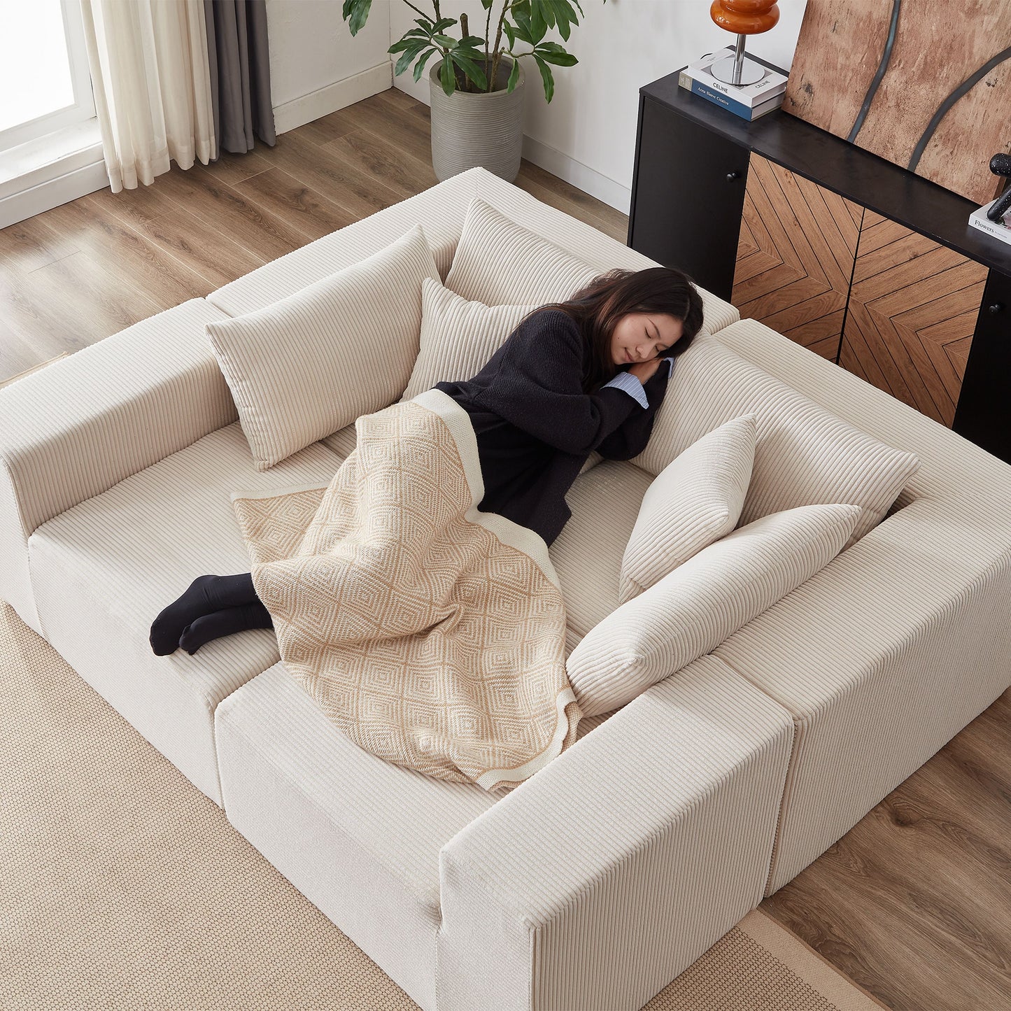 Corduroy Modular L Shaped Sectional Sofa, Luxury Floor Couch Set, 4 Piece Free Combination - Beige