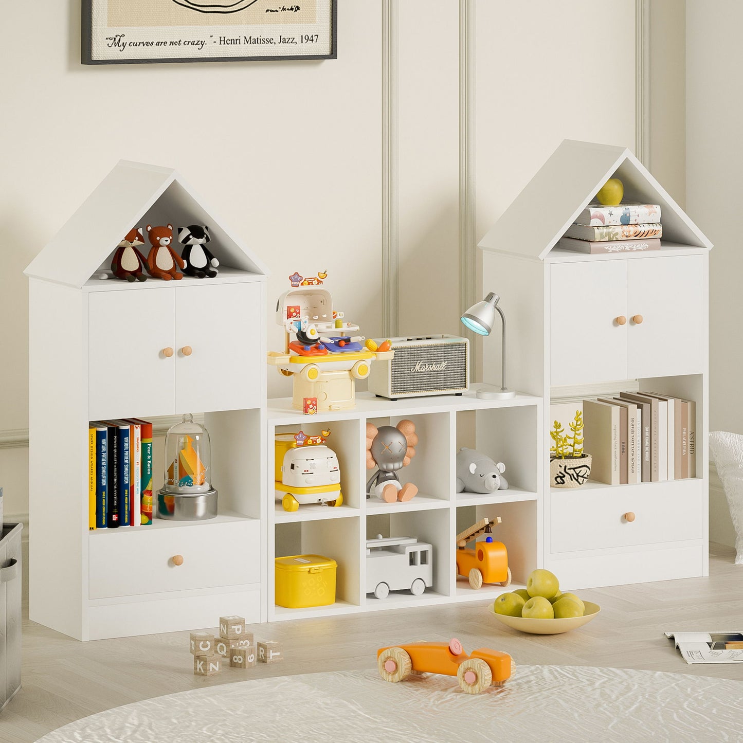 Versatile Children's Bookshelf With House-Shaped Design Multifunctional Storage - White