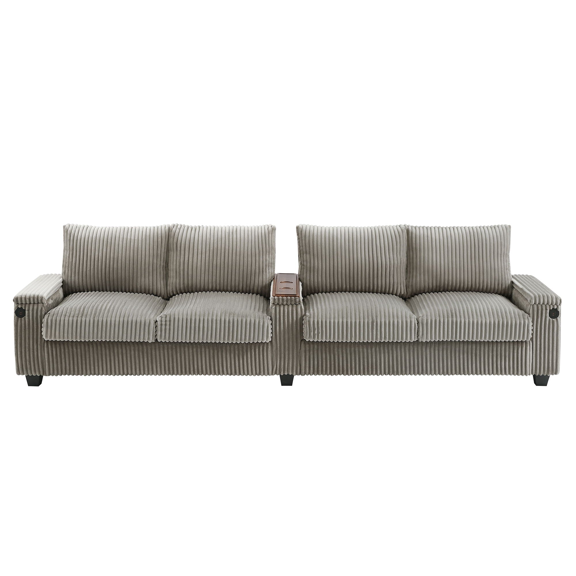 Modern 4 Seater Corduroy Sofa Couch With USB Ports, Hidden Storage Arms, And Flip Top Cup Holders - Brown - Brown
