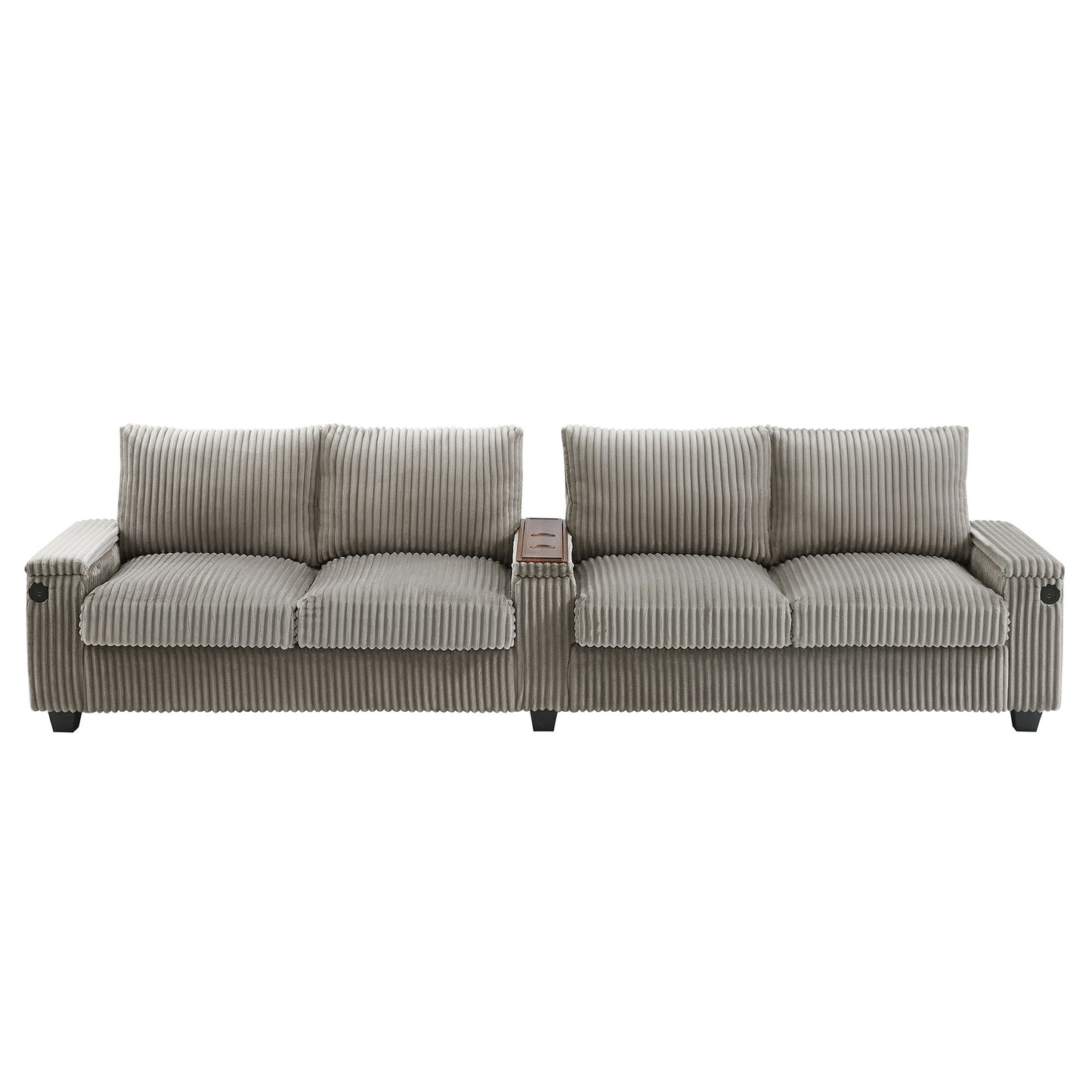 Modern 4 Seater Corduroy Sofa Couch With USB Ports, Hidden Storage Arms, And Flip Top Cup Holders - Brown - Brown