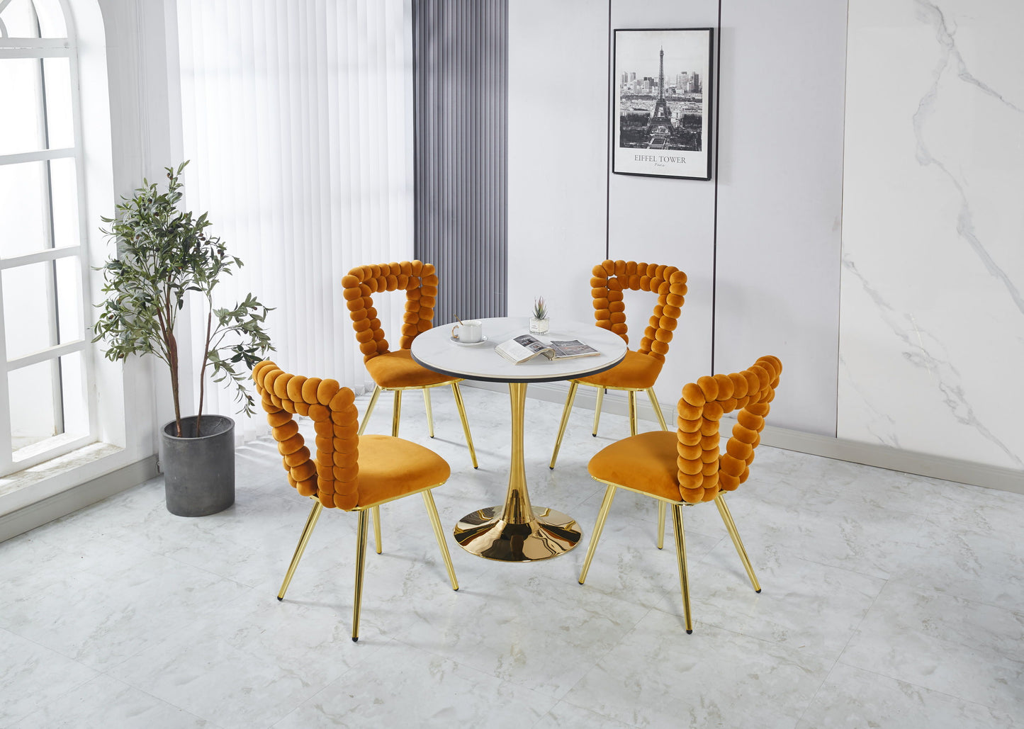 Modern Chair With Iron Tube Legs, Soft Cushions And Comfortable Backrest, Suitable For Dining Room, Living Room, Cafe, Hairball Back (Set of 2) - Orange / Gold