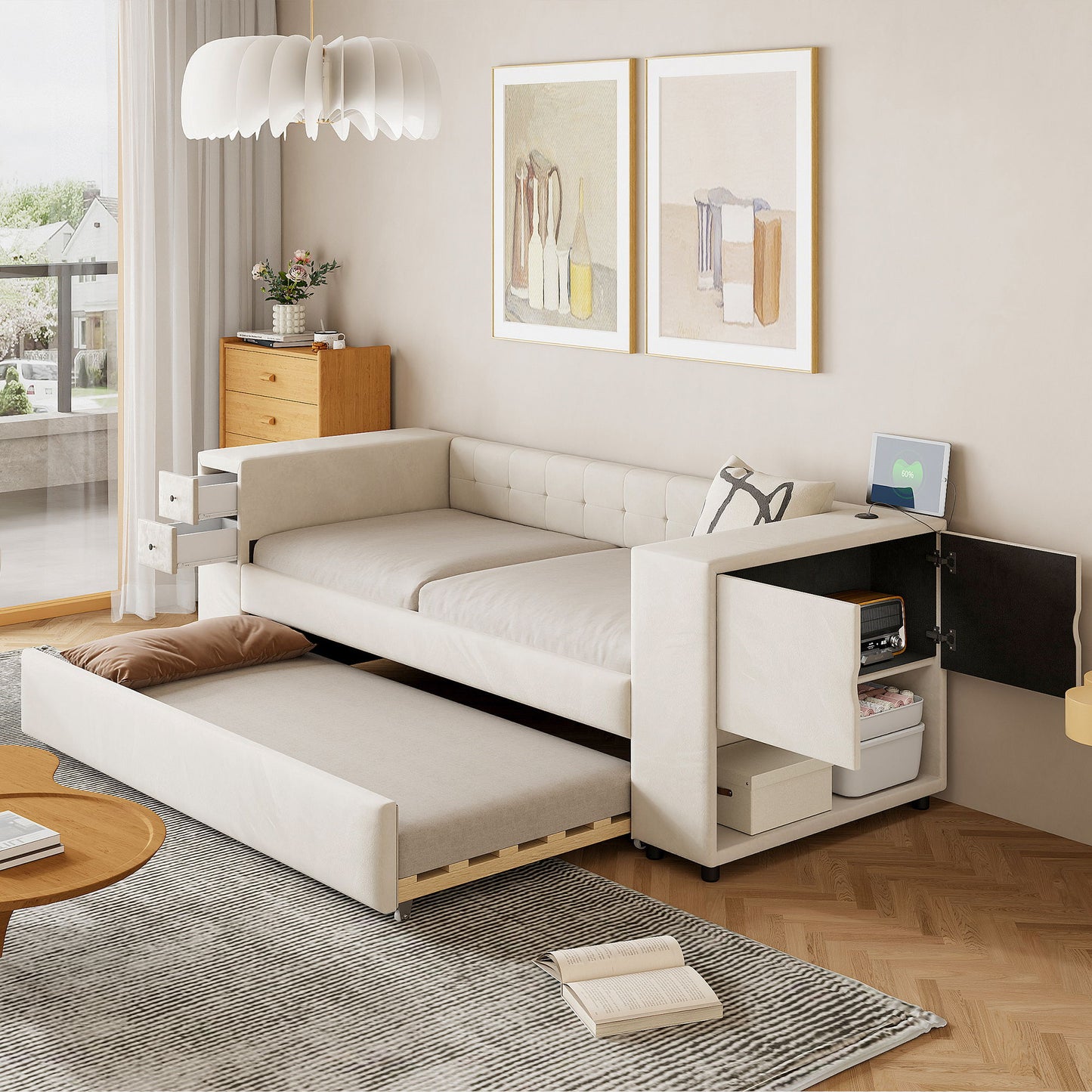 Twin Upholstered Bed With Storage And Twin Trundle, USB Charging Ports - Beige