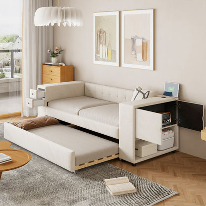 Twin Upholstered Bed With Storage And Twin Trundle, USB Charging Ports - Beige