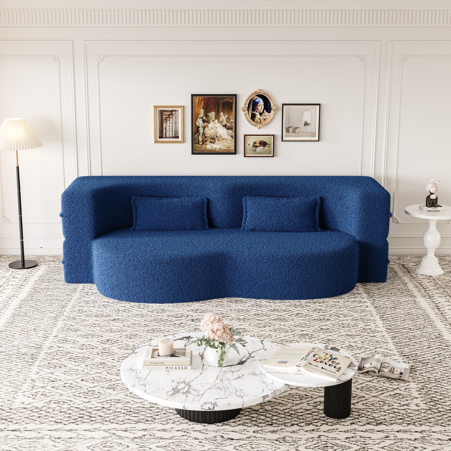 Modern Floor Sofa With 2 Pillows, Convertible Teddy Fabric Foam Filled Sleeper Sofa Bed, Full Size Folding Mattress For Living Room Guest Bed, Playroom, No Assembly Required - Blue