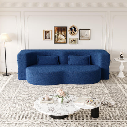 Modern Floor Sofa With 2 Pillows, Convertible Teddy Fabric Foam Filled Sleeper Sofa Bed, Full Size Folding Mattress For Living Room Guest Bed, Playroom, No Assembly Required - Blue