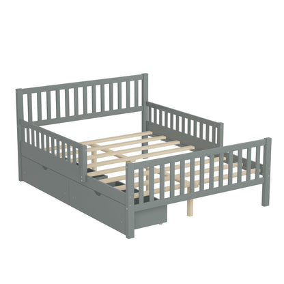 Full Size Platform Bed With Guardrails On Both Sides And 2 Storage Drawers - Gray