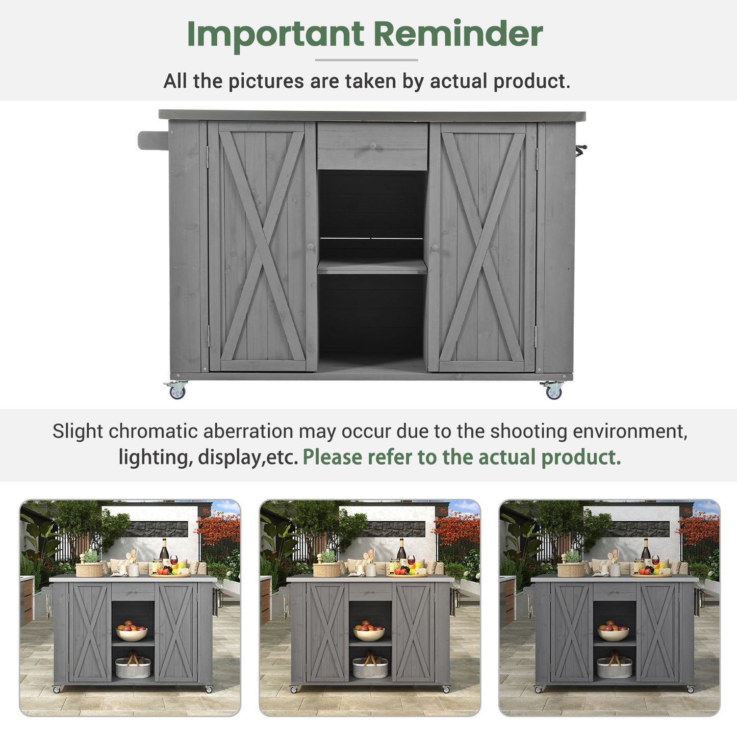 Outdoor Kitchen Island Fir Wood Kitchen Island With Stainless Steel Top, Ample Storage Space, Towel And Spice Racks And A Bottle Opener For Outdoor - Gray