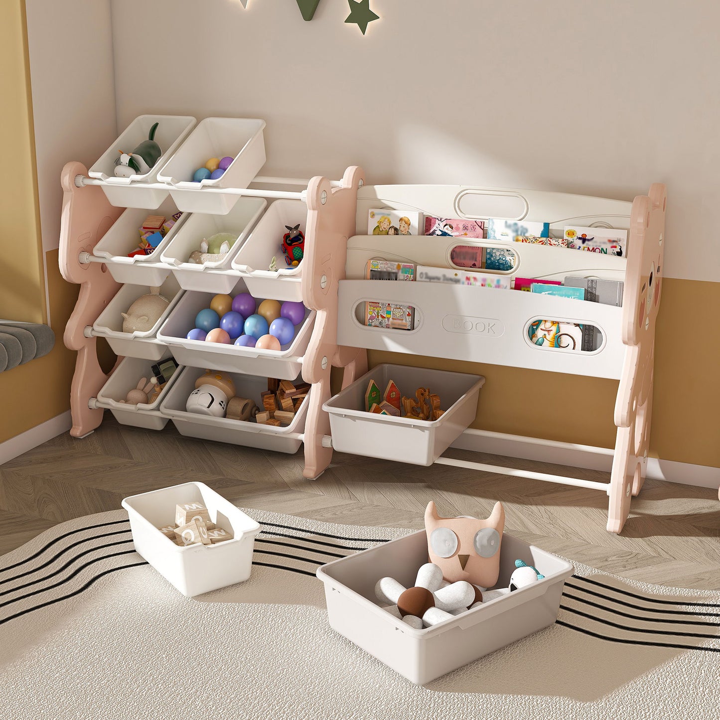 Kids Toy Storage Organizer With 2 Tier Bookshelf And 12 Toy Bins - Pink