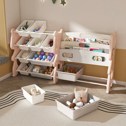 Kids Toy Storage Organizer With 2 Tier Bookshelf And 12 Toy Bins - Pink