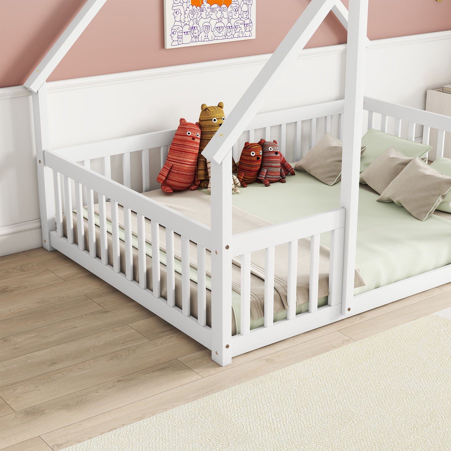Full Wood House-Shaped Floor Bed With Fence, Guardrails - White