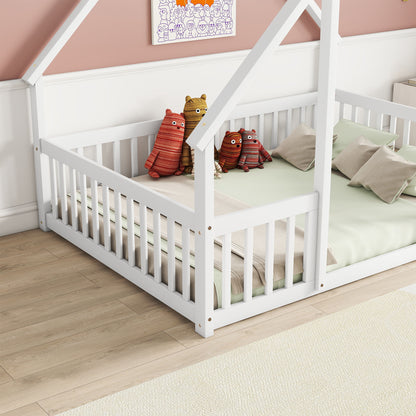 Full Wood House-Shaped Floor Bed With Fence, Guardrails - White