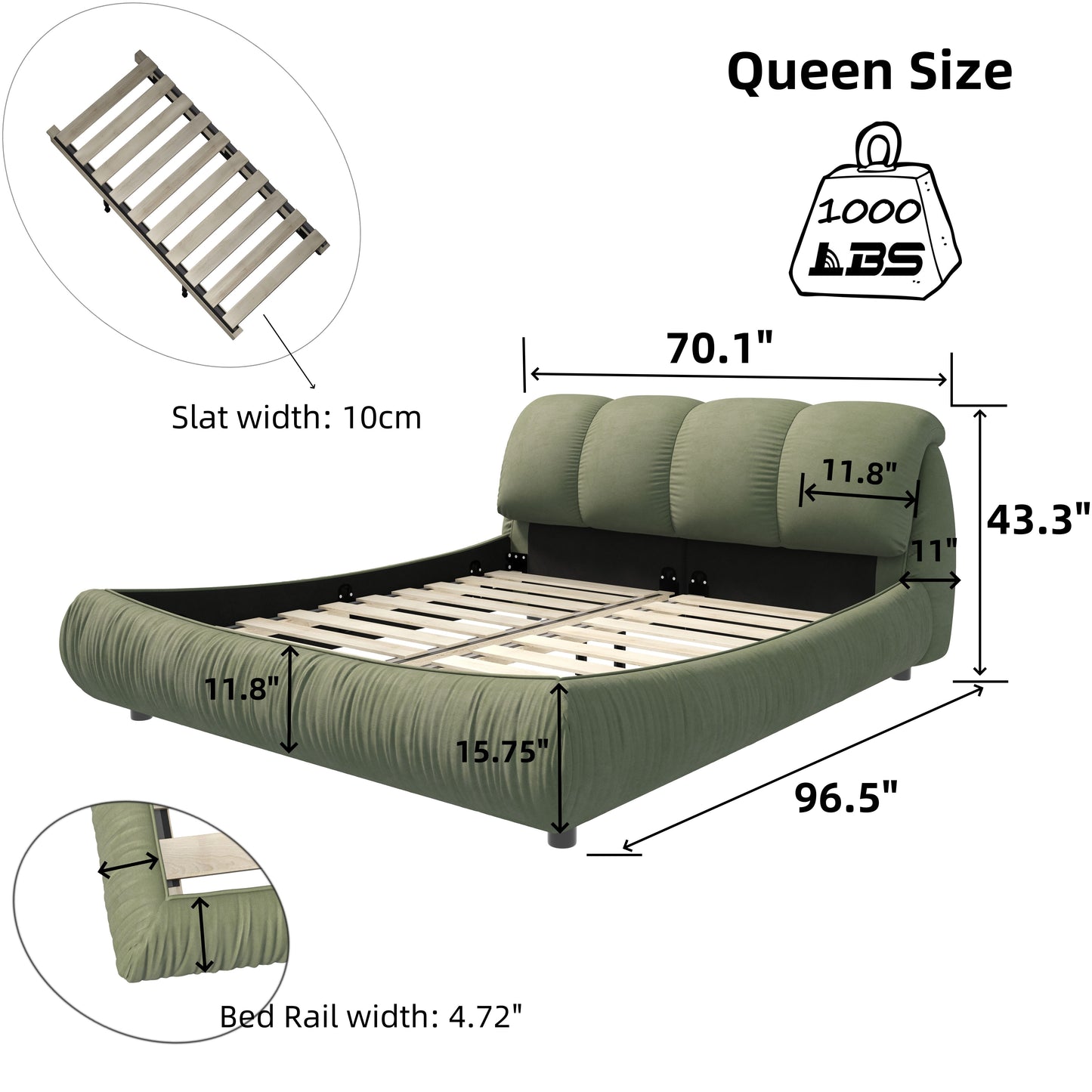 Queen Size Luxury Upholstered Platform Bed With Oversized Padded Backrest And Solid Wood Frame, Suitable For Multiple Heights Of Mattresses - Green