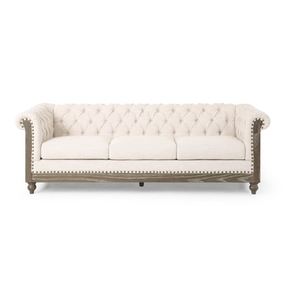 Comfy 3 Seat Sofa With Wooden Legs, Retro Style For Living Room - Beige