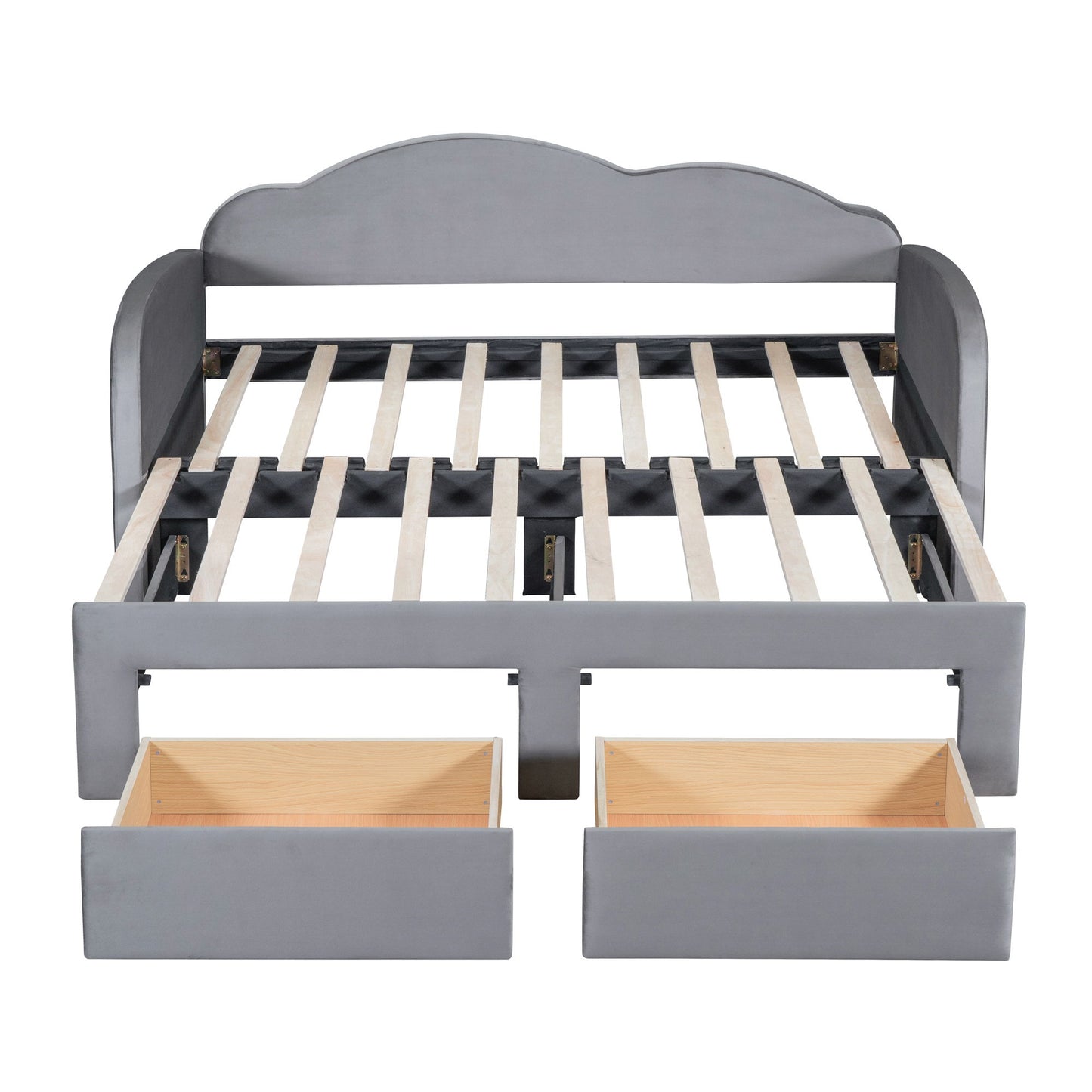 Twin Size Upholstered Daybed With Cloud-Shaped Backrest, Trundle & 2 Drawers And USB Ports - Gray